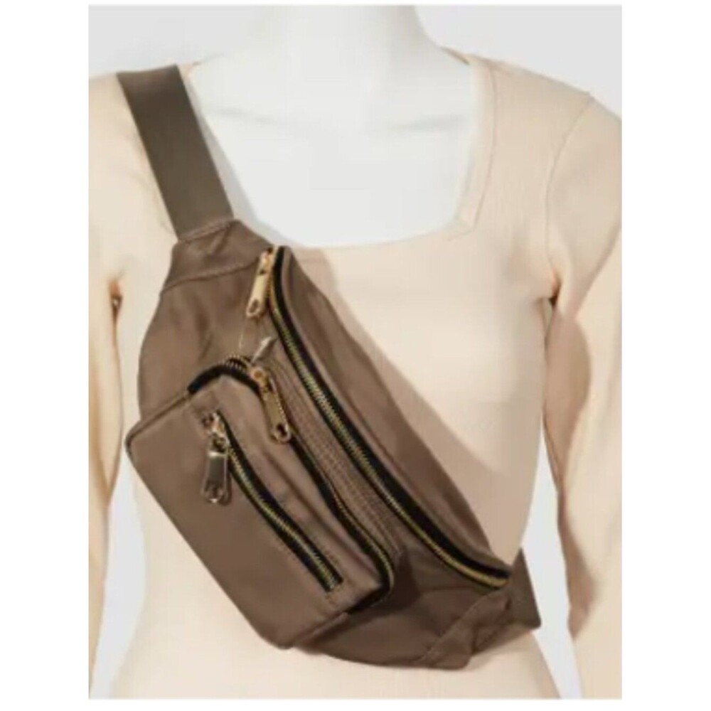 NWT 4 Pocket Beige Nylon Fanny Pack with Gold Hardware